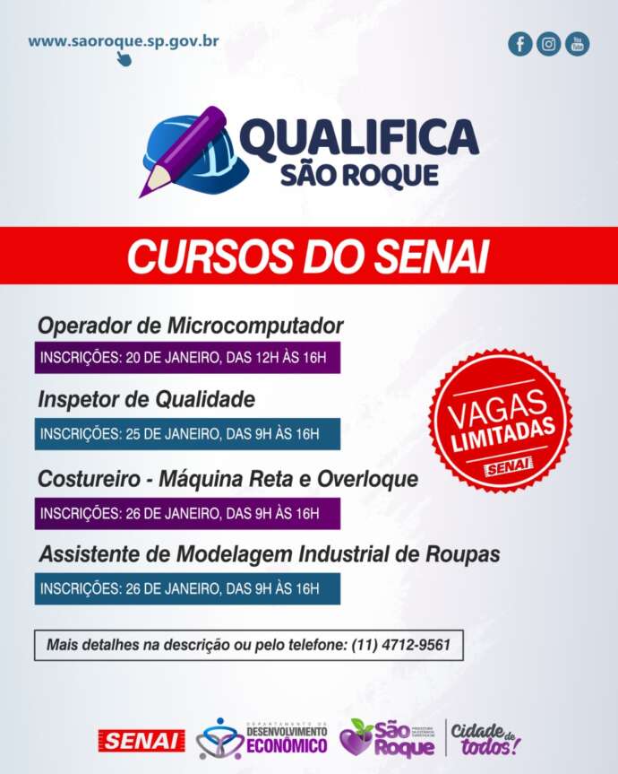 Prefeitura de São Roque e SENAI abrem inscrições para diversos cursos