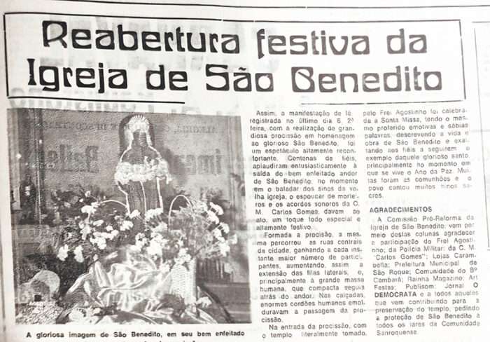 Em 1926, O Democrata superou quebra da impressora; a reabertura da Igreja em 1986